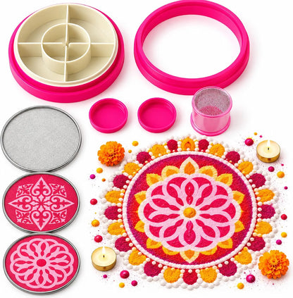 All in 1 Rangoli Making Kit |Tool, Stencils, Dabbe, chhalni, Colour Powder etc..
