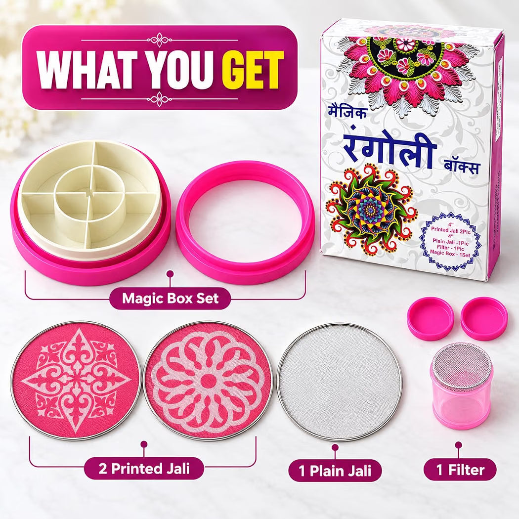 All in 1 Rangoli Making Kit |Tool, Stencils, Dabbe, chhalni, Colour Powder etc..