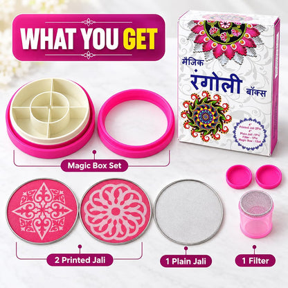 All in 1 Rangoli Making Kit |Tool, Stencils, Dabbe, chhalni, Colour Powder etc..