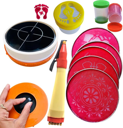 All in 1 Rangoli Making Kit |Tool, Stencils, Dabbe, chhalni, Colour Powder etc..
