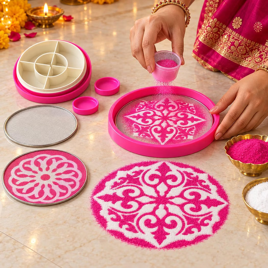 All in 1 Rangoli Making Kit |Tool, Stencils, Dabbe, chhalni, Colour Powder etc..