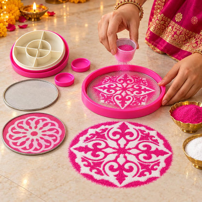 All in 1 Rangoli Making Kit |Tool, Stencils, Dabbe, chhalni, Colour Powder etc..