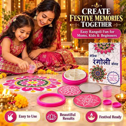 All in 1 Rangoli Making Kit |Tool, Stencils, Dabbe, chhalni, Colour Powder etc..