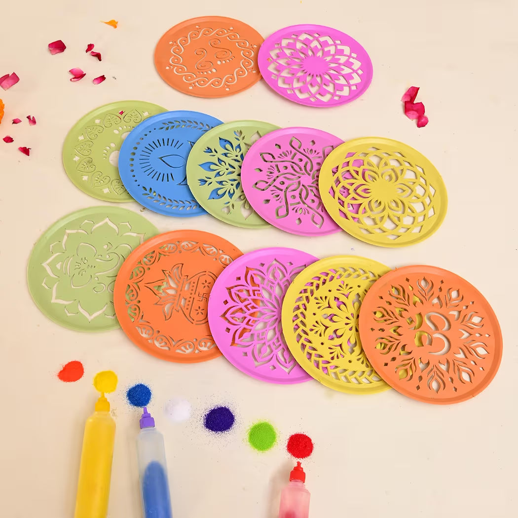 All in 1 Rangoli Making Kit |Tool, Stencils, Dabbe, chhalni, Colour Powder etc..